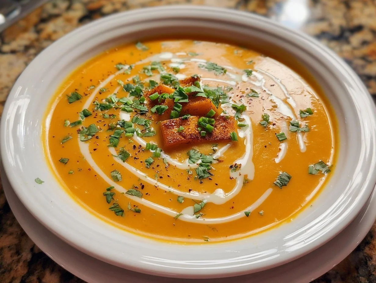 Bowl of easy sweet potato soup garnished with herbs