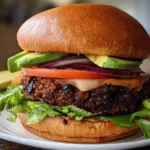 Delicious Epic Black Bean Burger served on a bun with fresh toppings