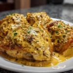 Delicious French Mustard Chicken served with vegetables on a plate