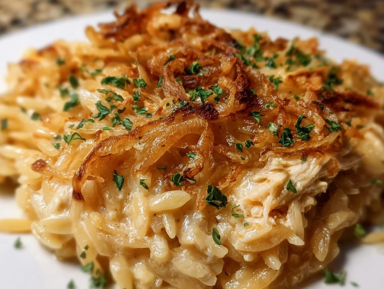 Delicious French onion chicken orzo casserole served in a baking dish