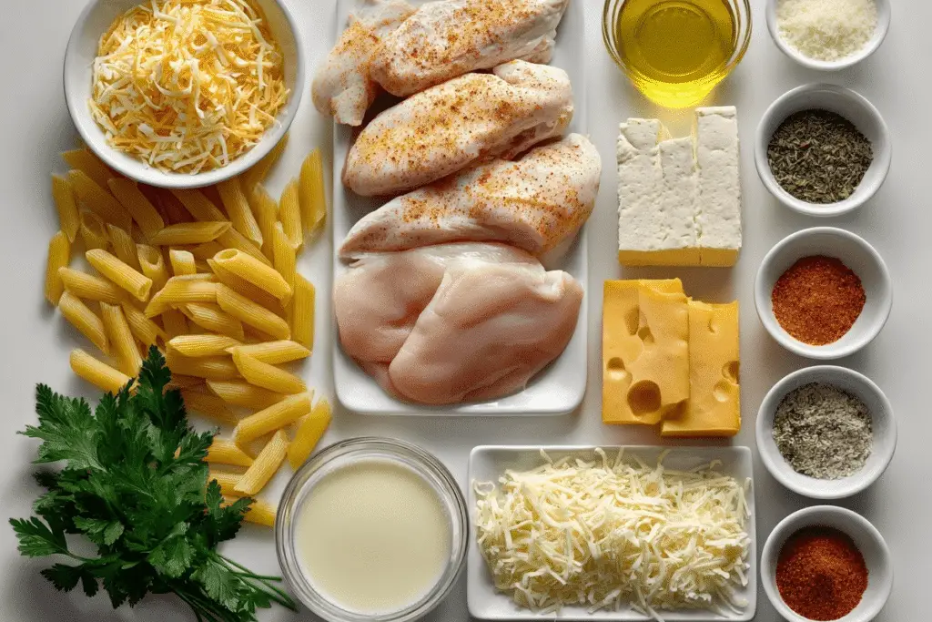 Garlic Butter Chicken Penne ingredients laid out neatly