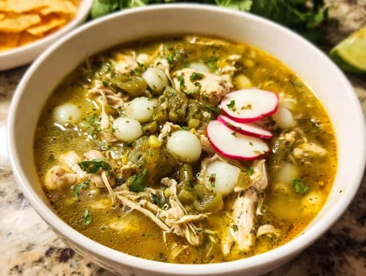 Delicious bowl of Green Chicken Pozole garnished with fresh herbs and radishes.