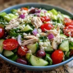 Bowl of healthy Greek salad with chicken, fresh vegetables, and feta cheese