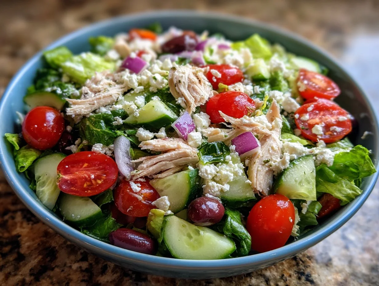 Bowl of healthy Greek salad with chicken, fresh vegetables, and feta cheese