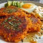 Healthy sweet potato hash browns served with avocado and herbs