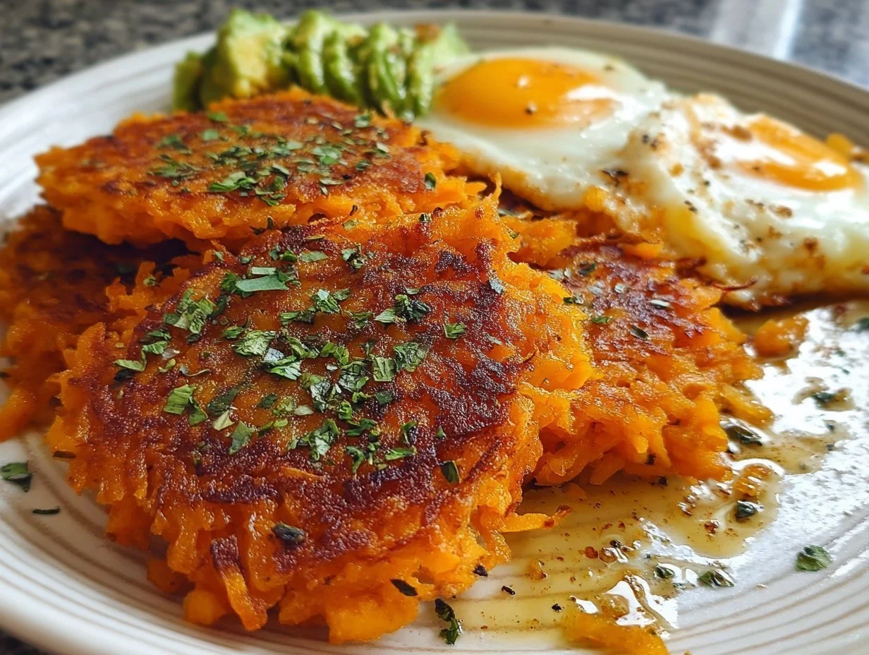 Healthy sweet potato hash browns served with avocado and herbs