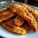 Crispy homemade baked chicken tenders on a serving plate.