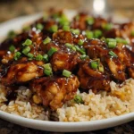 Honey BBQ Chicken Rice served with vegetables on a plate