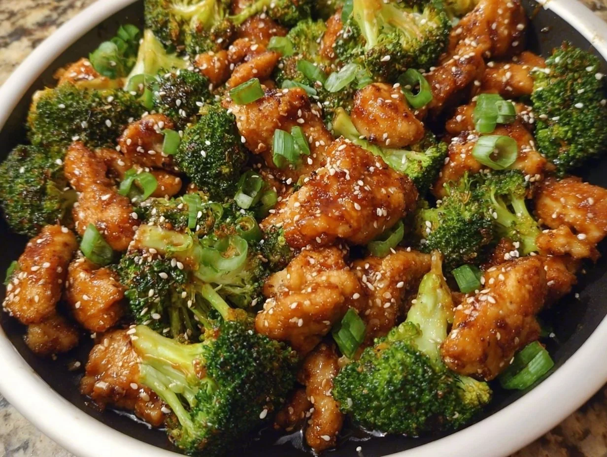 Plate of Honey Sesame Chicken with Broccoli garnished and ready to serve