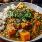 Bowl of Lentil & Sweet Potato Curry garnished with fresh herbs