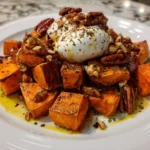 Maple Dijon Roasted Sweet Potatoes garnished with fresh herbs on a platter