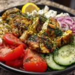 Mediterranean lemon-dill chicken bowls garnished with herbs and lemon slices