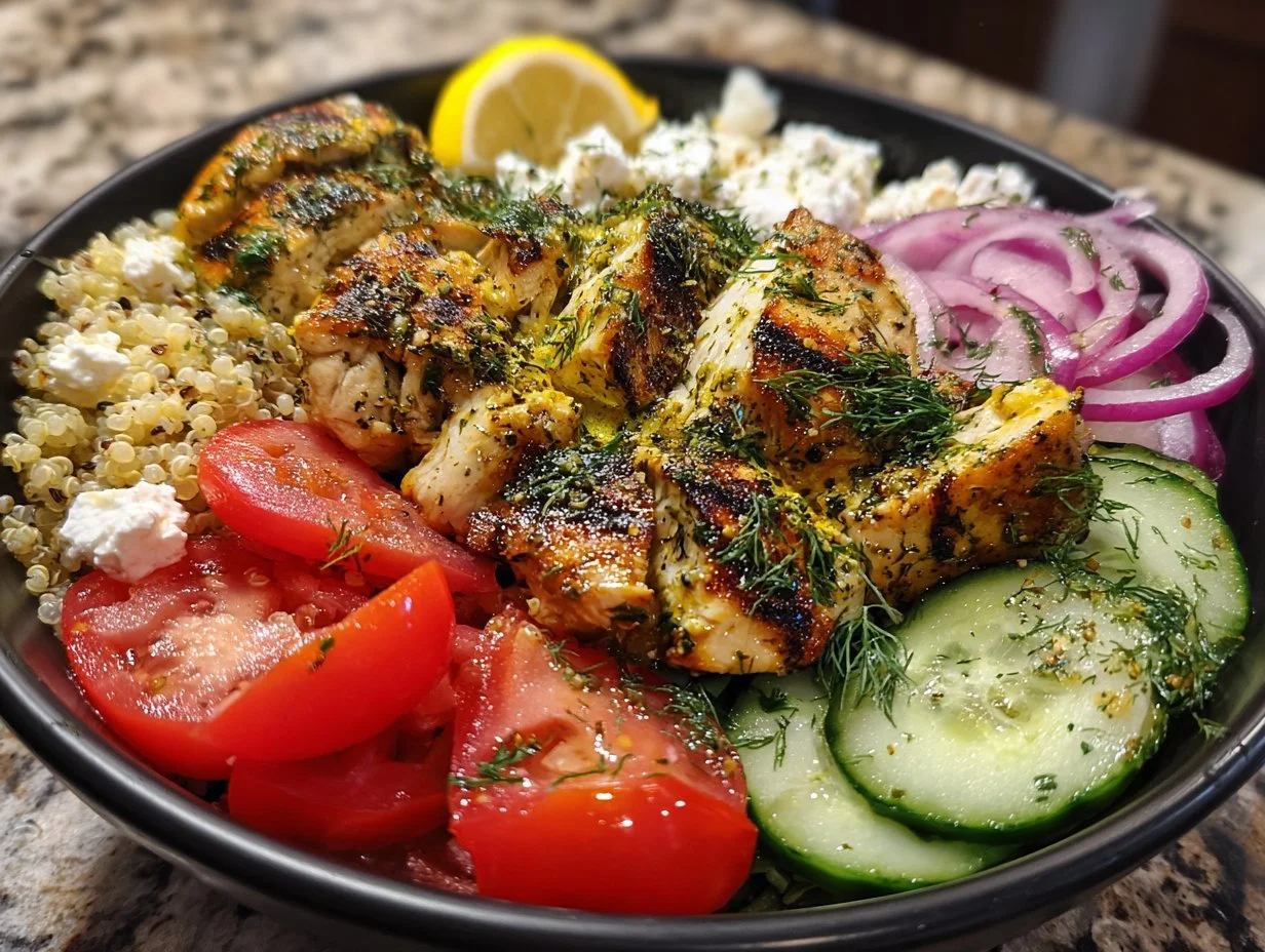 Mediterranean lemon-dill chicken bowls garnished with herbs and lemon slices