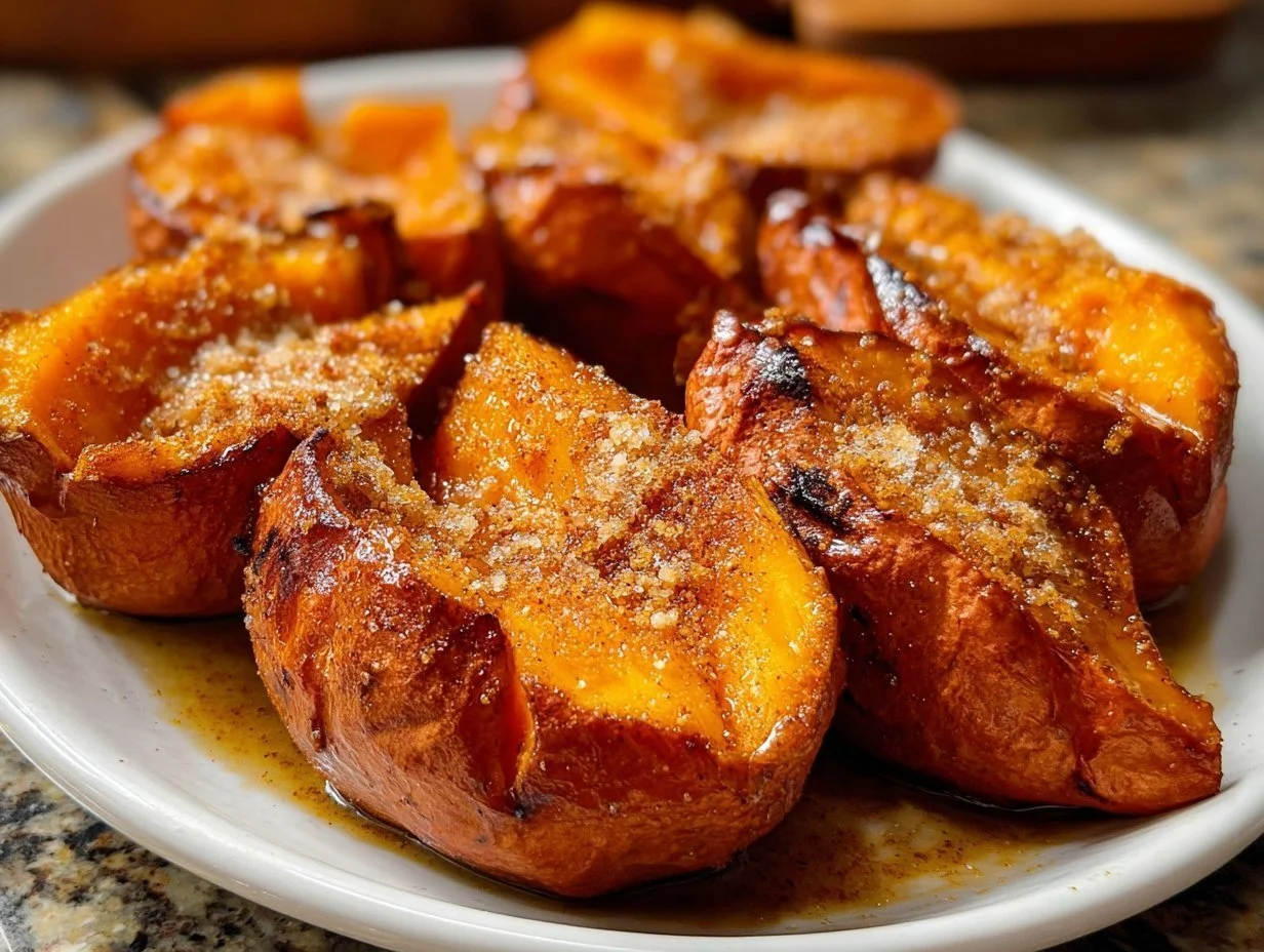 Moist cinnamon butter baked sweet potatoes served in a dish