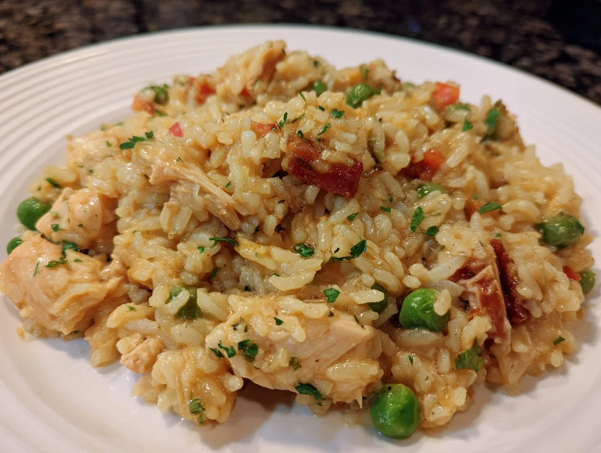 Delicious one-pan chicken and rice bake served with vegetables
