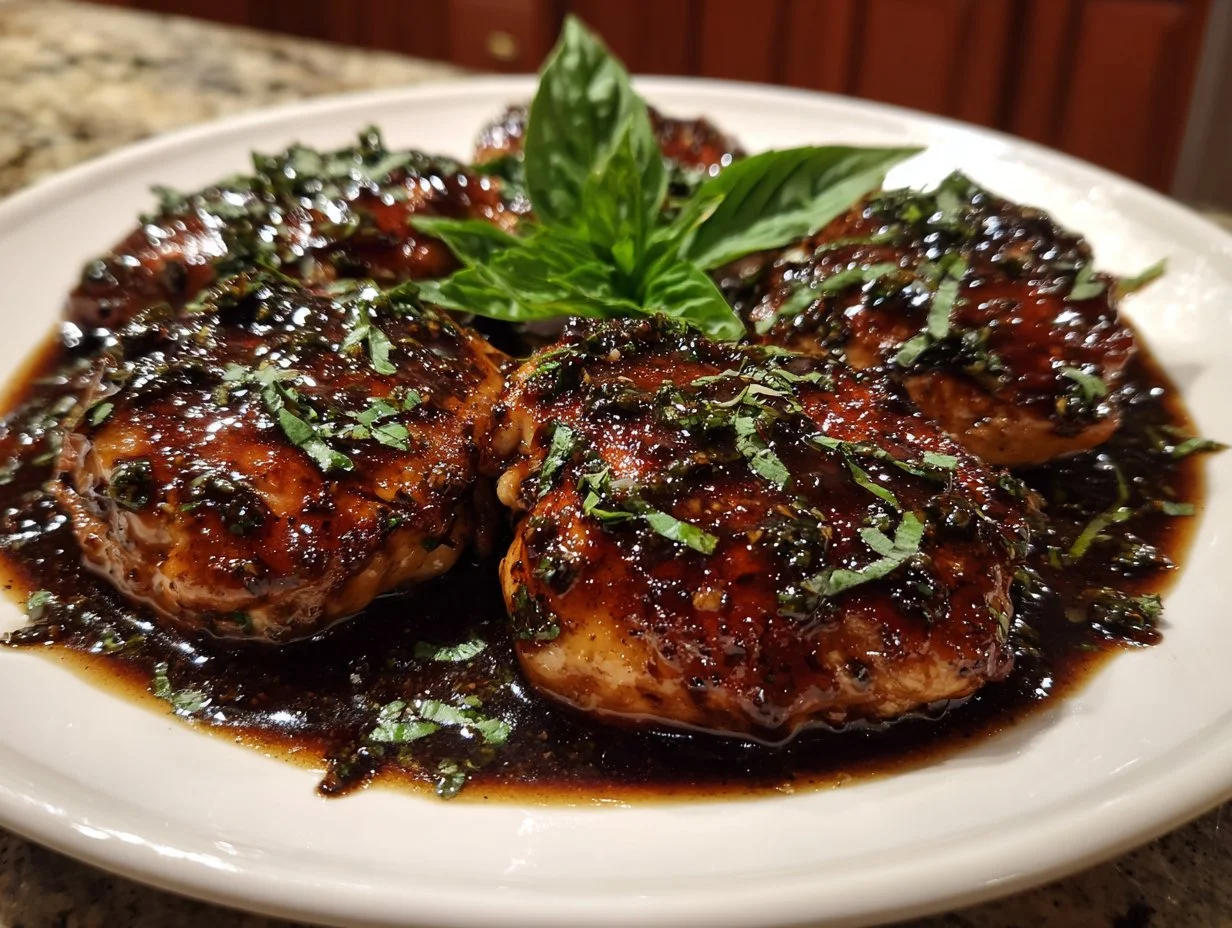 One-pan juicy chicken cooked with balsamic sauce garnished with herbs