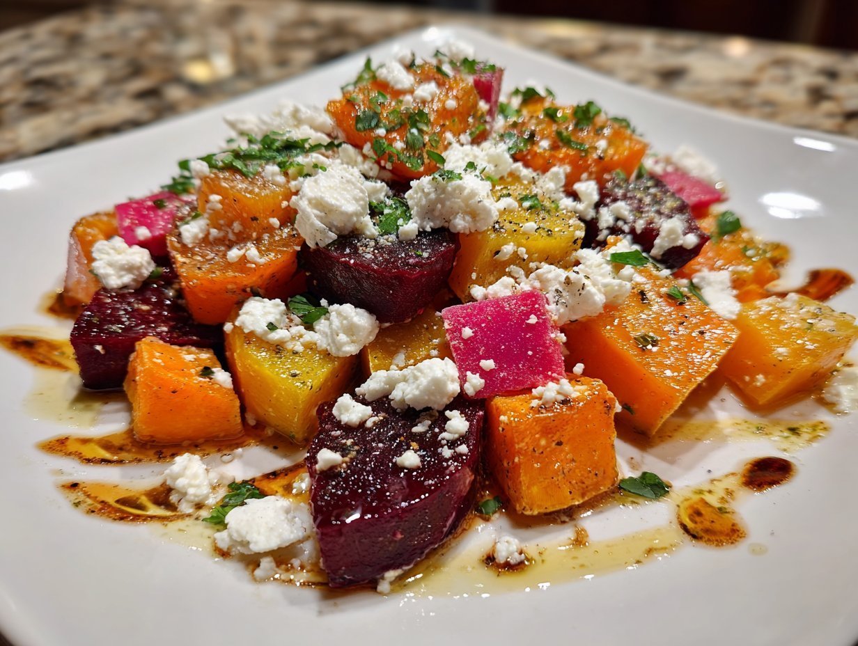 Roasted Beet and Sweet Potato Salad with Feta and Yogurt Dressing
