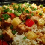 Plate of Pineapple Chicken served with rice and vegetables