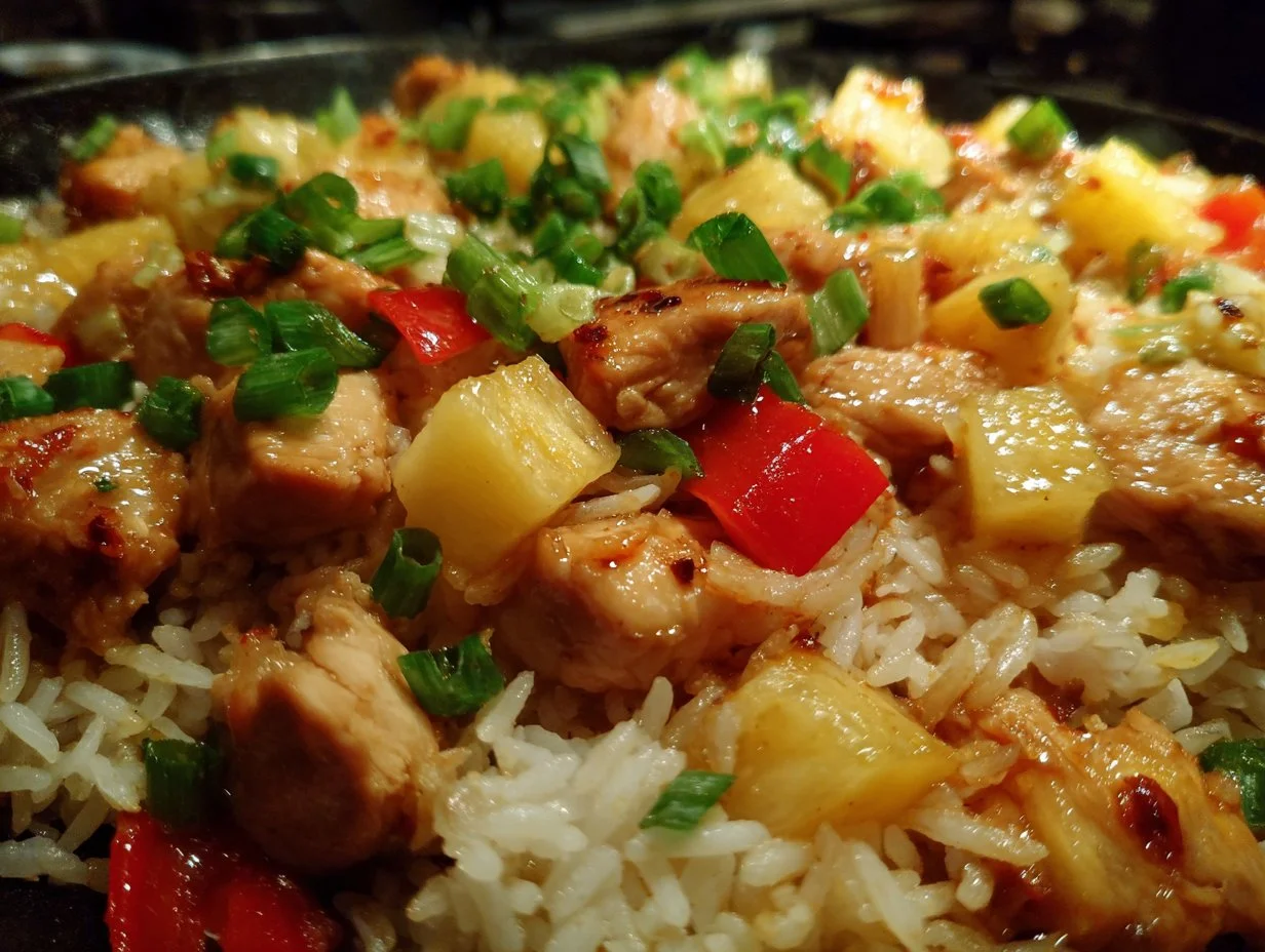 Plate of Pineapple Chicken served with rice and vegetables
