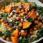 Delicious quinoa harvest bowl topped with sweet potato and kale