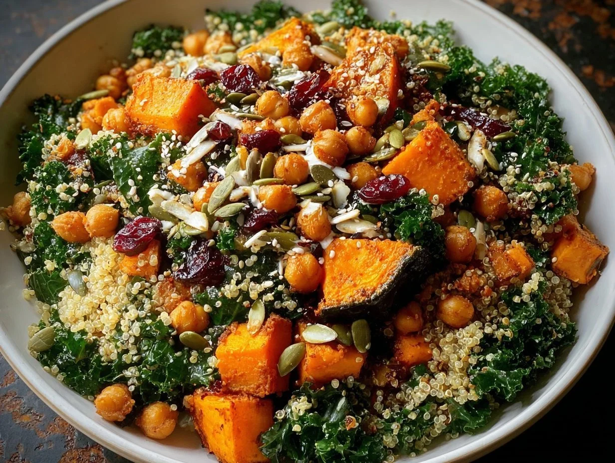 Delicious quinoa harvest bowl topped with sweet potato and kale