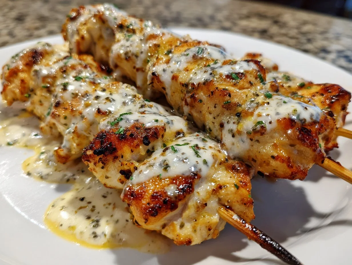 Ranch Garlic Parmesan Chicken Skewers garnished and ready for grilling