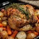 Juicy roasted chicken served with herbs and vegetables