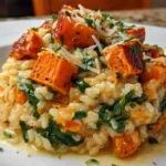 Delicious roasted sweet potato and spinach risotto in a bowl.