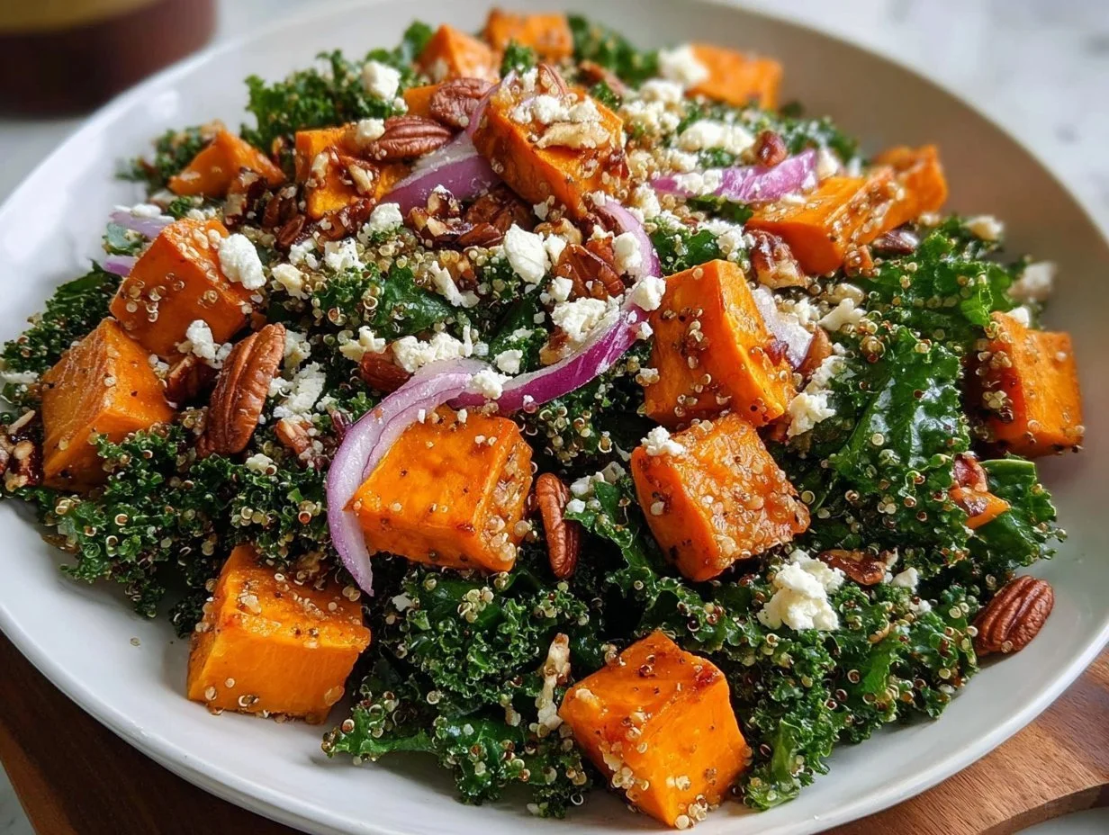 Roasted sweet potato kale salad with vibrant ingredients and textures