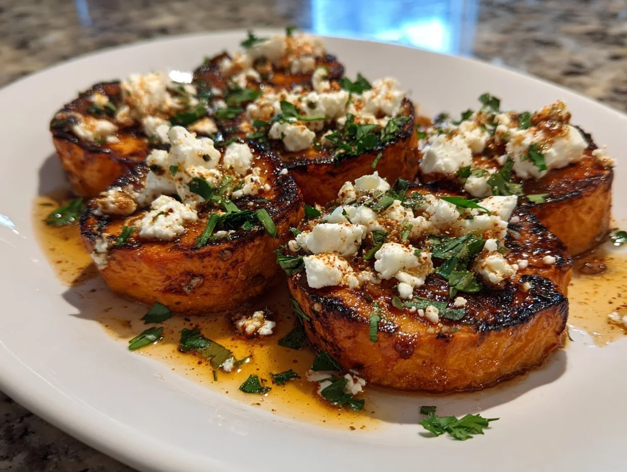 Roasted sweet potato rounds topped with honey and feta cheese