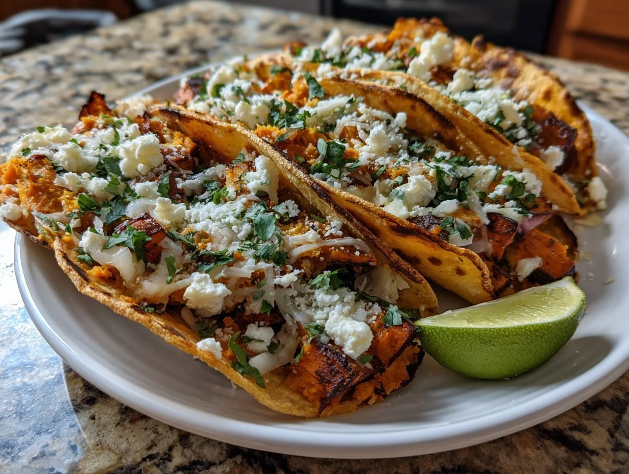 Roasted sweet potato taco bowls topped with fresh ingredients and served in a bowl.