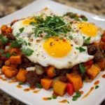 Savory Beef and Sweet Potato Hash in a skillet