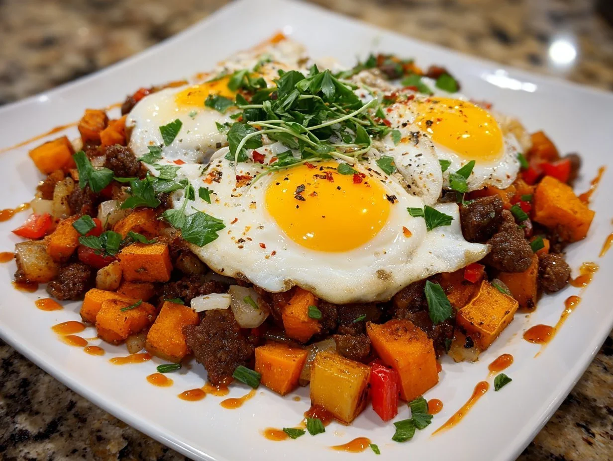 Savory Beef and Sweet Potato Hash in a skillet