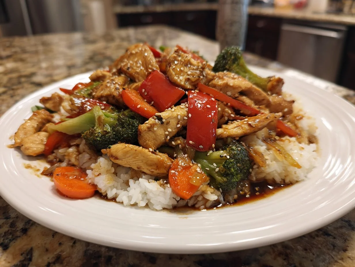 A colorful bowl of savory chicken stir-fry with vibrant vegetables and sauce.
