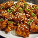 Delicious sesame chicken served with sesame seeds and vegetables