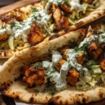 Sheet Pan Chicken Pitas topped with Herby Ranch dressing, served on a plate.