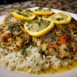 Slow cooker lemon herb chicken served with fluffy rice on a plate