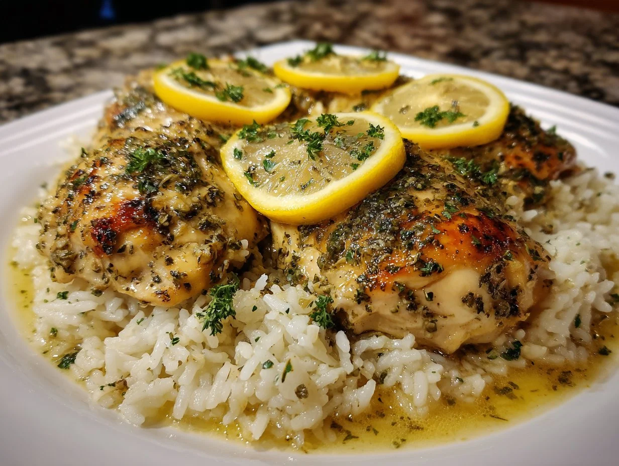 Slow cooker lemon herb chicken served with fluffy rice on a plate