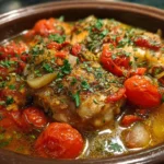 Delicious Slow Cooker Mediterranean Chicken served with herbs and vegetables