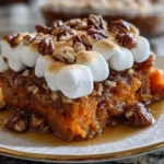 Southern Maple Sweet Potato Casserole topped with marshmallows and pecans