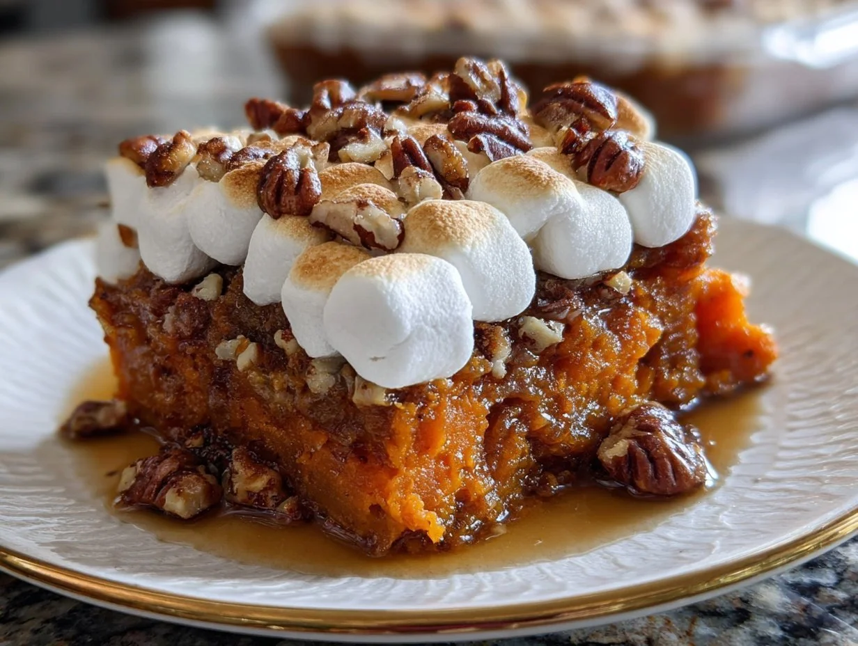 Southern Maple Sweet Potato Casserole topped with marshmallows and pecans