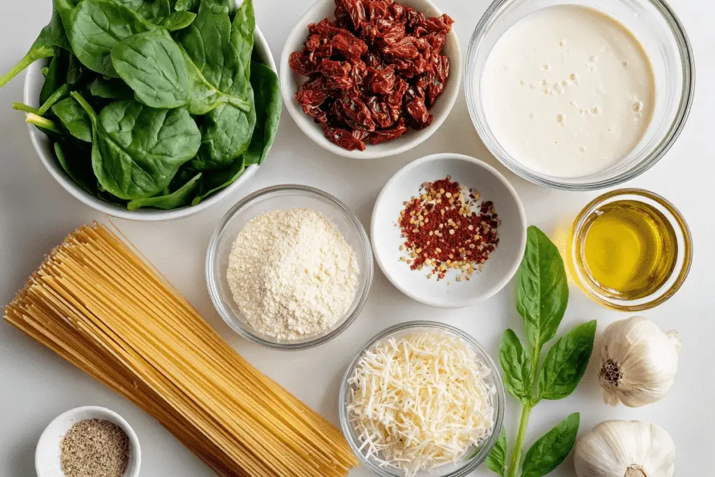 Spaghetti Spinach Sun Dried Tomato Cream Sauce ingredients laid out