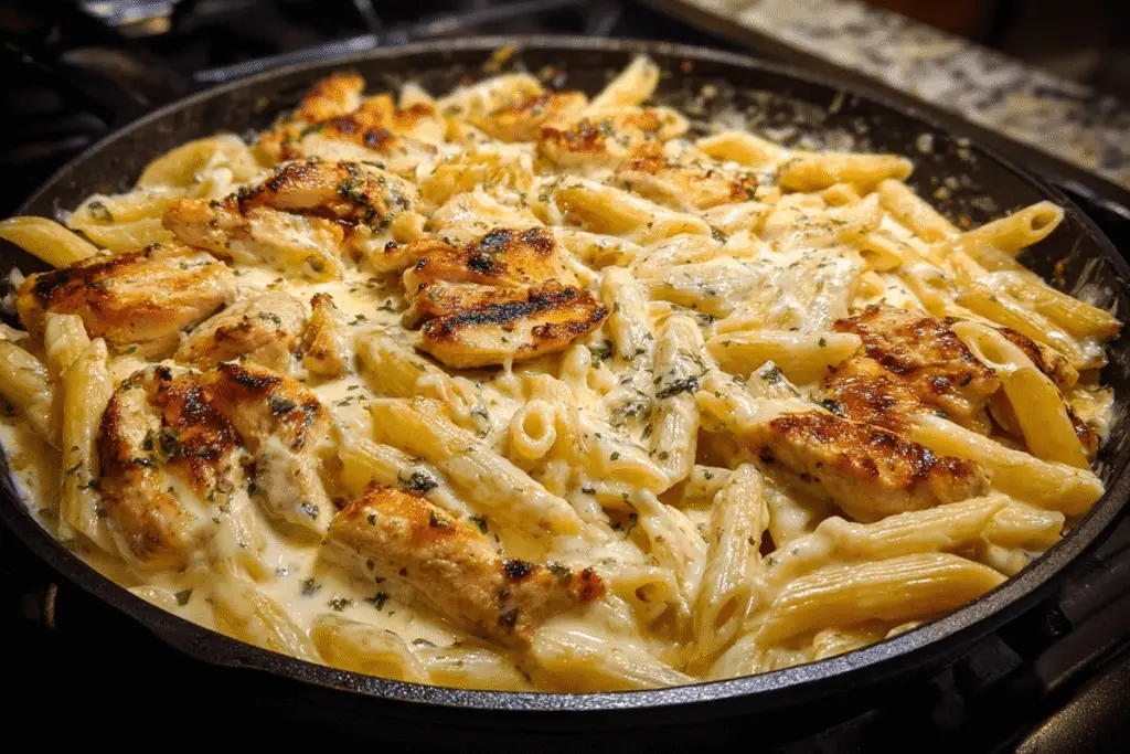 Stirring creamy mozzarella sauce with penne and chicken