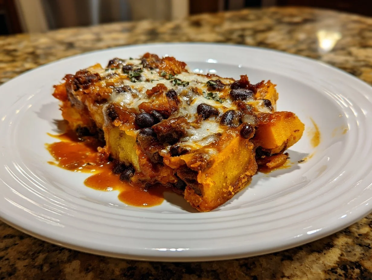 Sweet Potato and Black Bean Enchilada Casserole topped with cheese and fresh cilantro