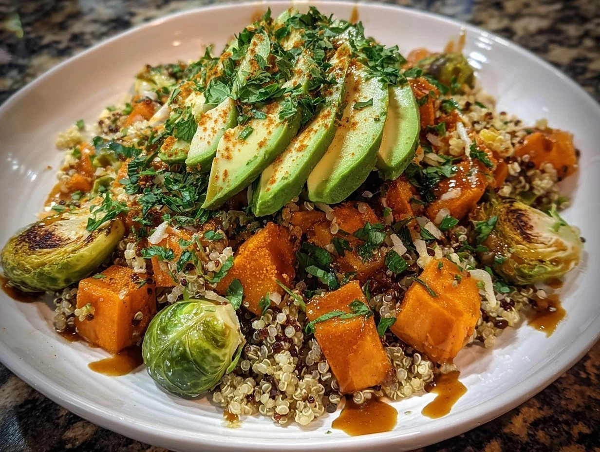 A vibrant Sweet Potato Brussels Sprouts Quinoa Bowl topped with fresh herbs