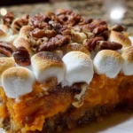 Delicious sweet potato casserole topped with marshmallows and pecans