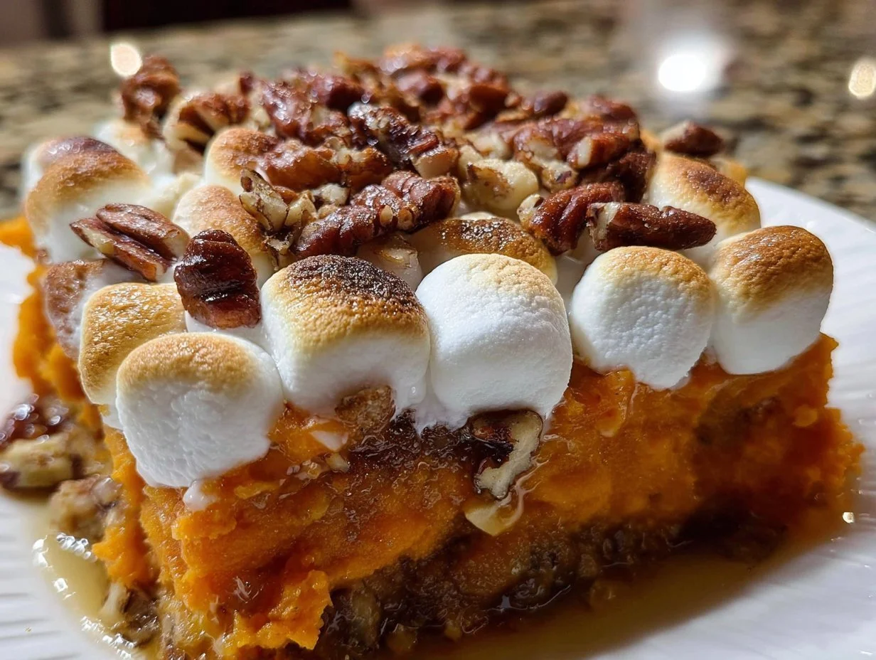 Delicious sweet potato casserole topped with marshmallows and pecans