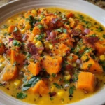 Bowl of creamy sweet potato chowder garnished with herbs and spices.