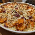 Delicious Sweet Potato and Cranberry Gratin topped with cheese