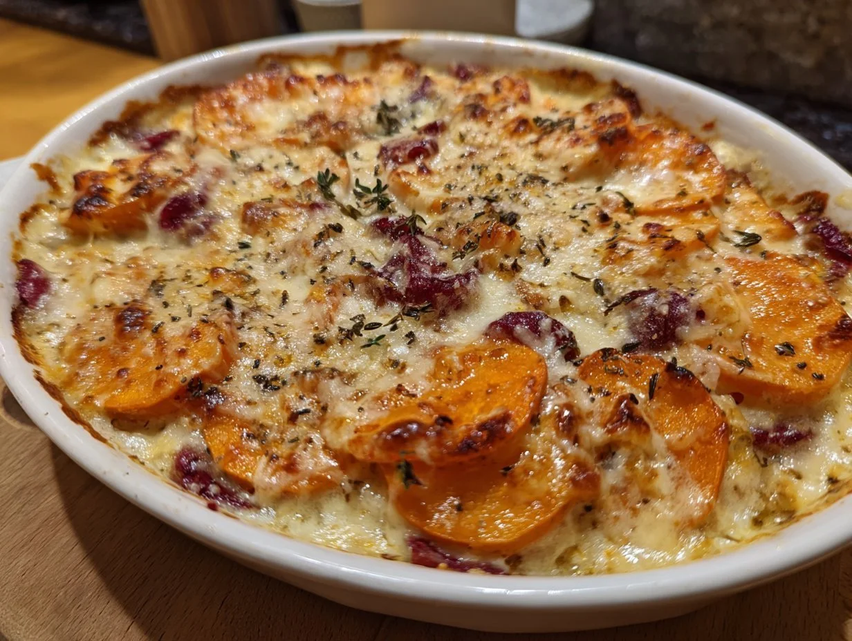 Delicious Sweet Potato and Cranberry Gratin topped with cheese